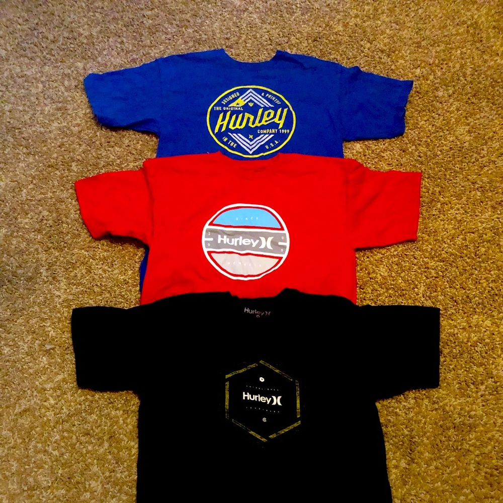 3 Men’s Hurley T-shirts, 1 blue, 1 red, 1 black